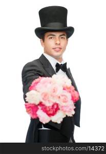 magic, performance, circus, show concept - magician with flower bouquet