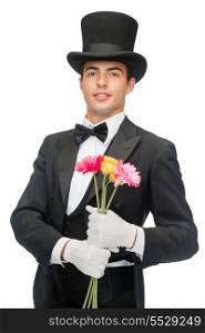 magic, performance, circus, show concept - magician with flowers