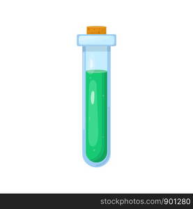 Magic potion in bottle with green liquid isolated on white background. Chemical or alchemy elixir. Vector illustration for any design.