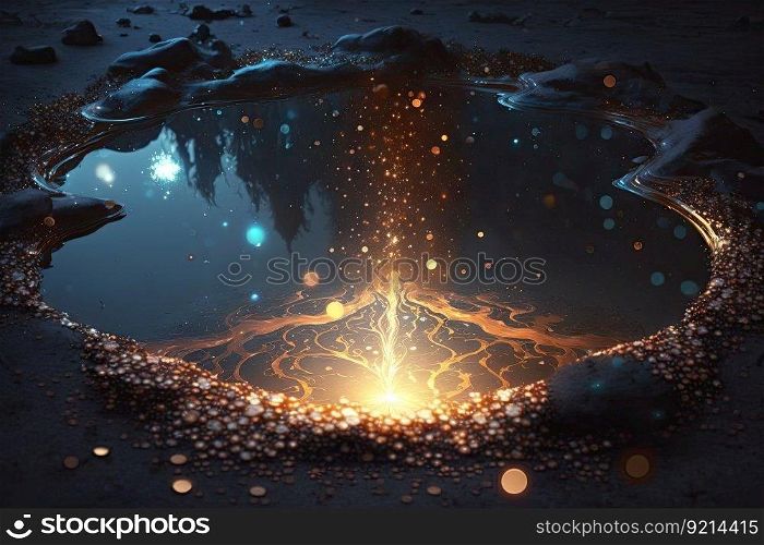 magic puddle, with sparkles of light and magic floating on the surface, created with generative ai. magic puddle, with sparkles of light and magic floating on the surface