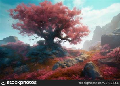 Magic red tree. Fantasy forest. Generate Ai. Magic red tree. Generate Ai