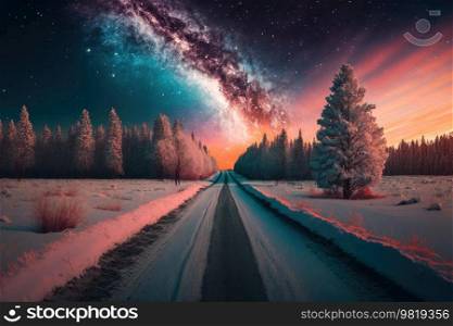 Magic road with starry sky. Illustration Generative AI