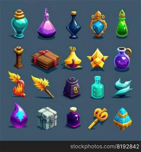 magic rpg 2d game icons ai generated. design fantasy, ui gold, interface object magic rpg 2d game icons illustration. magic rpg 2d game icons ai generated