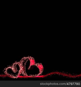 Magic shiny hearts. Two magic shiny red hearts with sparks isolated on black background, Valentine day concept