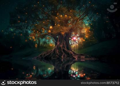 Magic tree forest. Magical night. Generate Ai. Magic tree forest. Magical night
