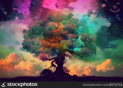 Magic tree with colorful clouds. Mystic art. Generate Ai. Magic tree with colorful clouds. Mystic art