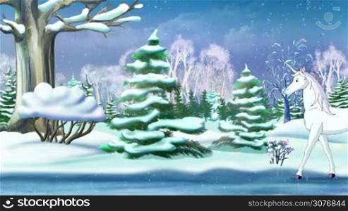 Magic Unicorn in a Winter Forest an New Year&acute;s Eve. Handmade animation in classic cartoon style.