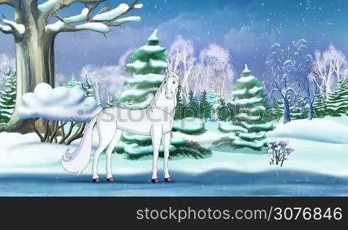 Magic Unicorn in a Winter Forest an New Year&acute;s Eve. Handmade animation in classic cartoon style.