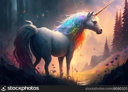 Magic unicorn in fantastic world with fluffy clouds and fairy meadows. Neural network AI generated art. Magic unicorn in fantastic world with fluffy clouds and fairy meadows. Neural network generated art