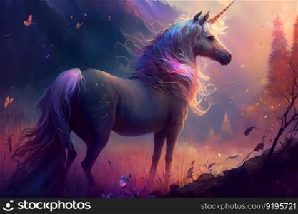 Magic unicorn in fantastic world with fluffy clouds and fairy meadows. Neural network AI generated art. Magic unicorn in fantastic world with fluffy clouds and fairy meadows. Neural network generated art