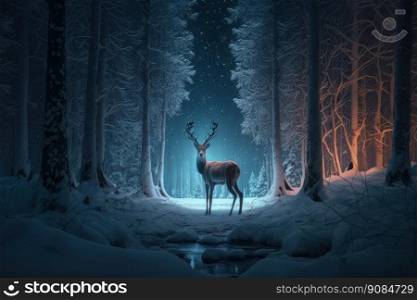 Magic winter forest with deer and lights. Illustration Generative AI 