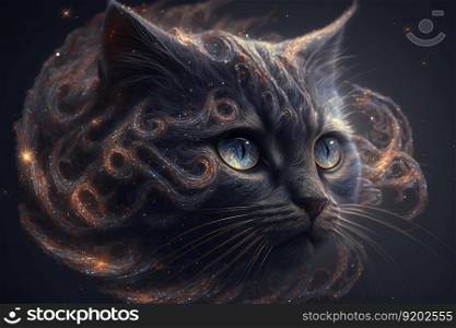 Magical black cat with galaxies spirals space nebulae stars smoke graphic. distinct generative AI image.. Magical black cat with galaxies spirals space nebulae stars smoke graphic