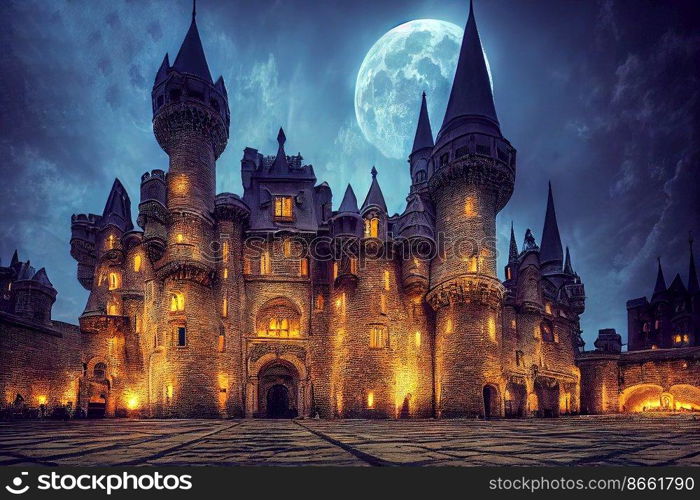 Magical castle with high moon, Halloween magical castle design 3d illustrated