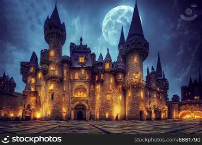 Magical castle with high moon, Halloween magical castle design 3d illustrated