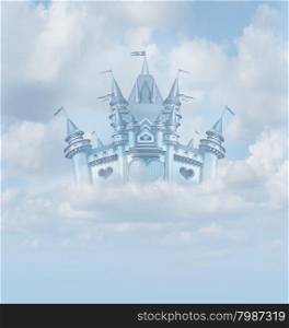 Magical fairytale castle floating in the clouds as a fictional fortress of love in the sky home to royalty as the prince and princess.