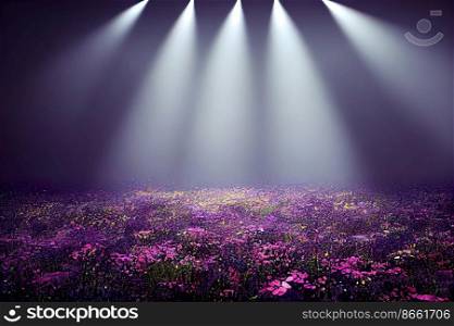Magical flower garden with spotlights 3d illustrated