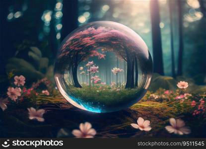 Magical forest landscape with glass sphere. Generative AI design. Magical forest landscape with glass sphere. Generative AI