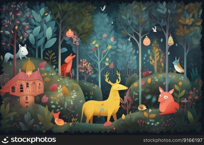 Magical forest with fantastical creatures, trees with twisting branches and lush foliage, animals. Generative AI. High quality illustration. Magical forest with fantastical creatures, trees with twisting branches and lush foliage, animals. Generative AI