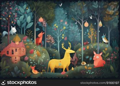 Magical forest with fantastical creatures, trees with twisting branches and lush foliage, animals. Generative AI. High quality illustration. Magical forest with fantastical creatures, trees with twisting branches and lush foliage, animals. Generative AI