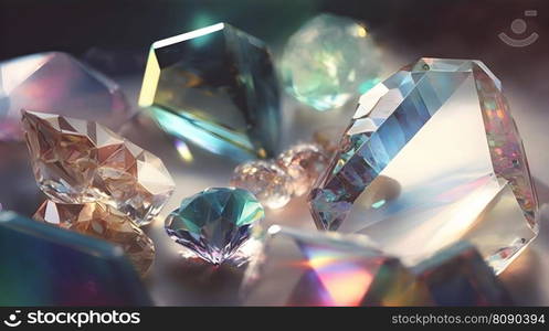 Magical iridescent crystals gemstone with sparkling glow and golden glimmer.  Precious quartz stone natural background. AI Generative content