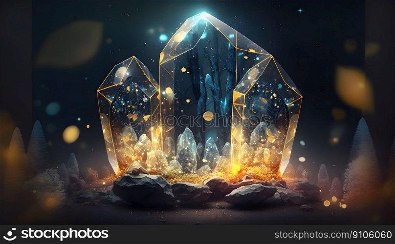 Magical iridescent crystals in dark mystery forest with sparkling glow and golden glimmer in the dark. Fairy tale or dream natural background. AI Generative content