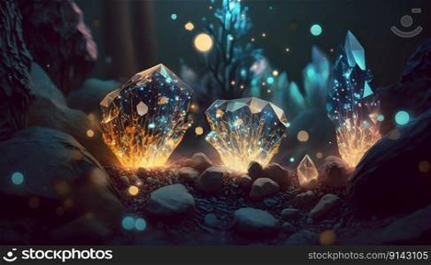 Magical iridescent crystals in dark mystery forest with sparkling glow and golden glimmer in the dark. Fairy tale or dream natural background. AI Generative content