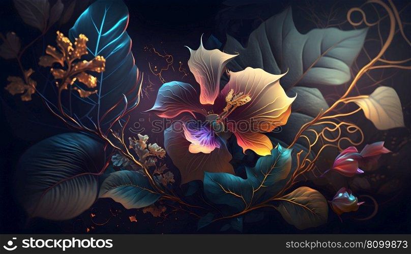Magical iridescent flowers in dark night mystery forest with sparkling glow and golden glimmer in the dark. Fairy tale or fantasy dream natural moody floral fairycore background. AI Generative content