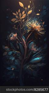 Magical iridescent flowers in dark night mystery forest with sparkling glow and golden glimmer in the dark. Fairy tale or fantasy dream natural moody floral fairycore background. AI Generative content