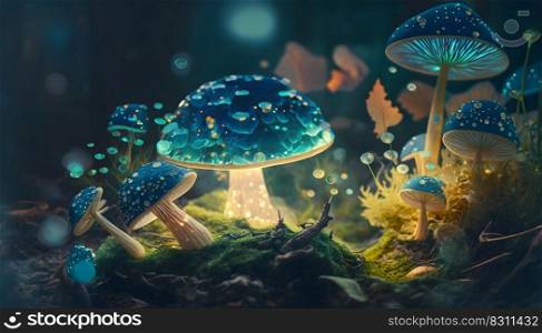 Magical iridescent mushrooms in dark mystery forest with sparkling glow and golden glimmer in the dark. Fairy tale or dream natural background. Hallucinogen psychedelics fungi. AI Generative content