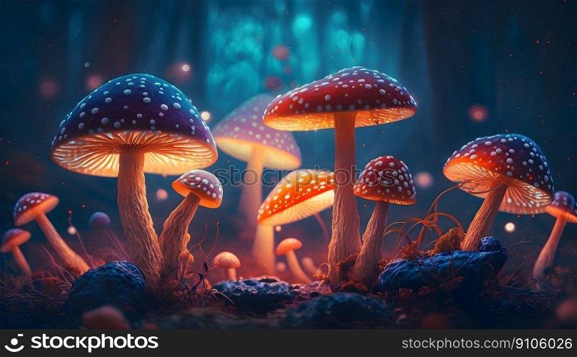 Magical iridescent mushrooms in dark mystery forest with sparkling glow and golden glimmer in the dark. Fairy tale or dream natural background. Hallucinogen psychedelics fungi. AI Generative content