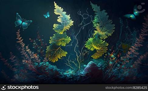 Magical iridescent plants in dark night mystery forest with sparkling glow and butterflies in the dark. Fairy tale or fantasy dream natural moody floral fairycore background. AI Generative content