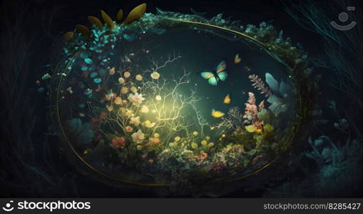 Magical iridescent plants in dark night mystery forest with sparkling glow and butterflies in the dark. Fairy tale or fantasy dream natural moody floral fairycore background. AI Generative content