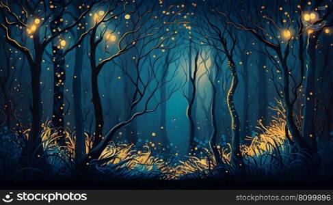 Magical iridescent trees in dark night mystery forest with sparkling glow and golden glimmer in the dark. Fairy tale or fantasy dream natural moody floral fairycore background. AI Generative content