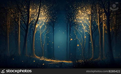 Magical iridescent trees in dark night mystery forest with sparkling glow and golden glimmer in the dark. Fairy tale or fantasy dream natural moody floral fairycore background. AI Generative content