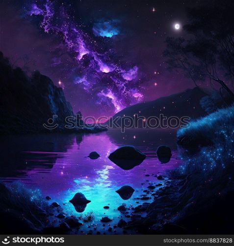 magical night river landscape with bioluminescent blue water, purple particles, starry sky and moon created by generative AI