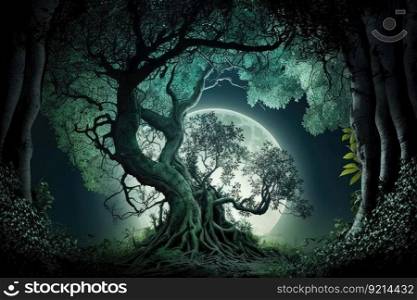 magical tree, with the moonlight shining through its branches, illuminating the forest, created with generative ai. magical tree, with the moonlight shining through its branches, illuminating the forest