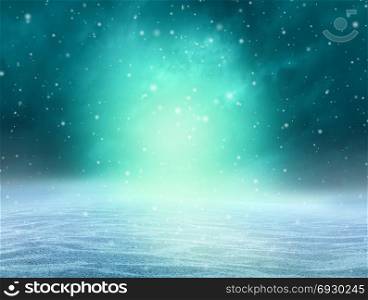 Magical winter background as a fantasy snow landscape with an arctic northern Aurora Borealis natural illumination in a 3D illustration style.