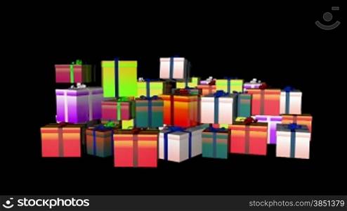 Magically piling up gift boxes, against black