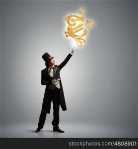Magician in hat. Image of magician with dollar symbol in air