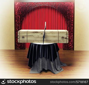 Magician sawing box for woman with a saw.Photo combination concept