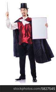 Magician with blank board on white