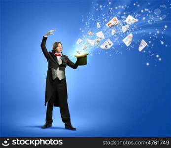 Magician with hat. Image of magician and paper documents flying out of hat