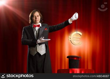 Magician with hat. Image of wizard showing tricks with his hat. Currency concept