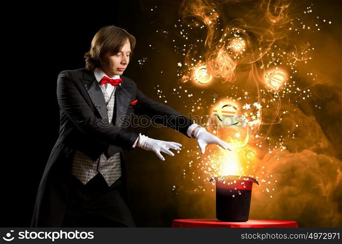 Magician with hat. Image of wizard showing tricks with his hat. Currency concept