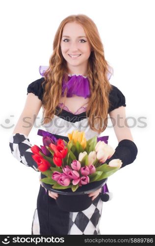 Magician woman with flowers on white