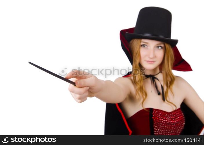 Magician woman with wand on white
