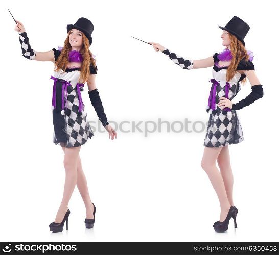 Magician woman with wand on white