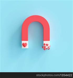 Magnet with Heart shape on blue background, minimal Valentine Idea concept. 3D Render