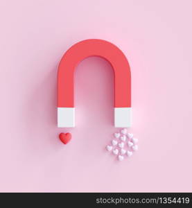 Magnet with Heart shape on pink background, minimal Valentine Idea concept. 3D Render