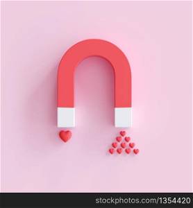 Magnet with Heart shape on pink background, minimal Valentine Idea concept. 3D Render